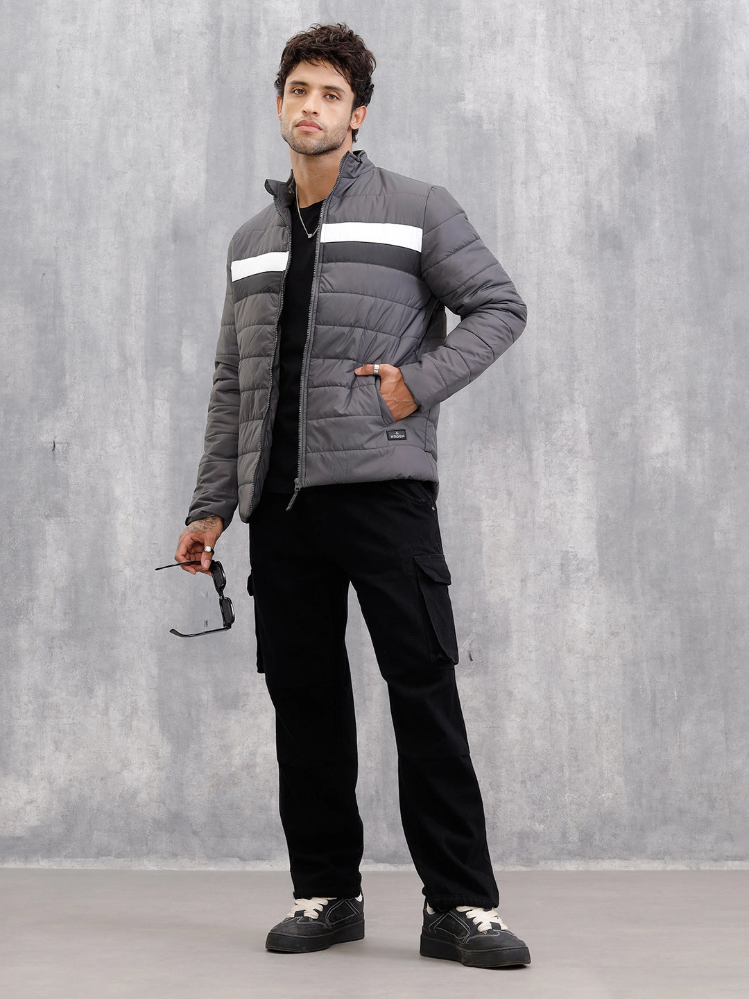 Quilted High Neck Regular Fit Jacket I Grey