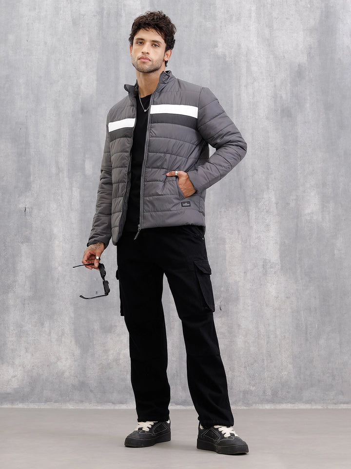 Quilted High Neck Regular Fit Jacket I Grey