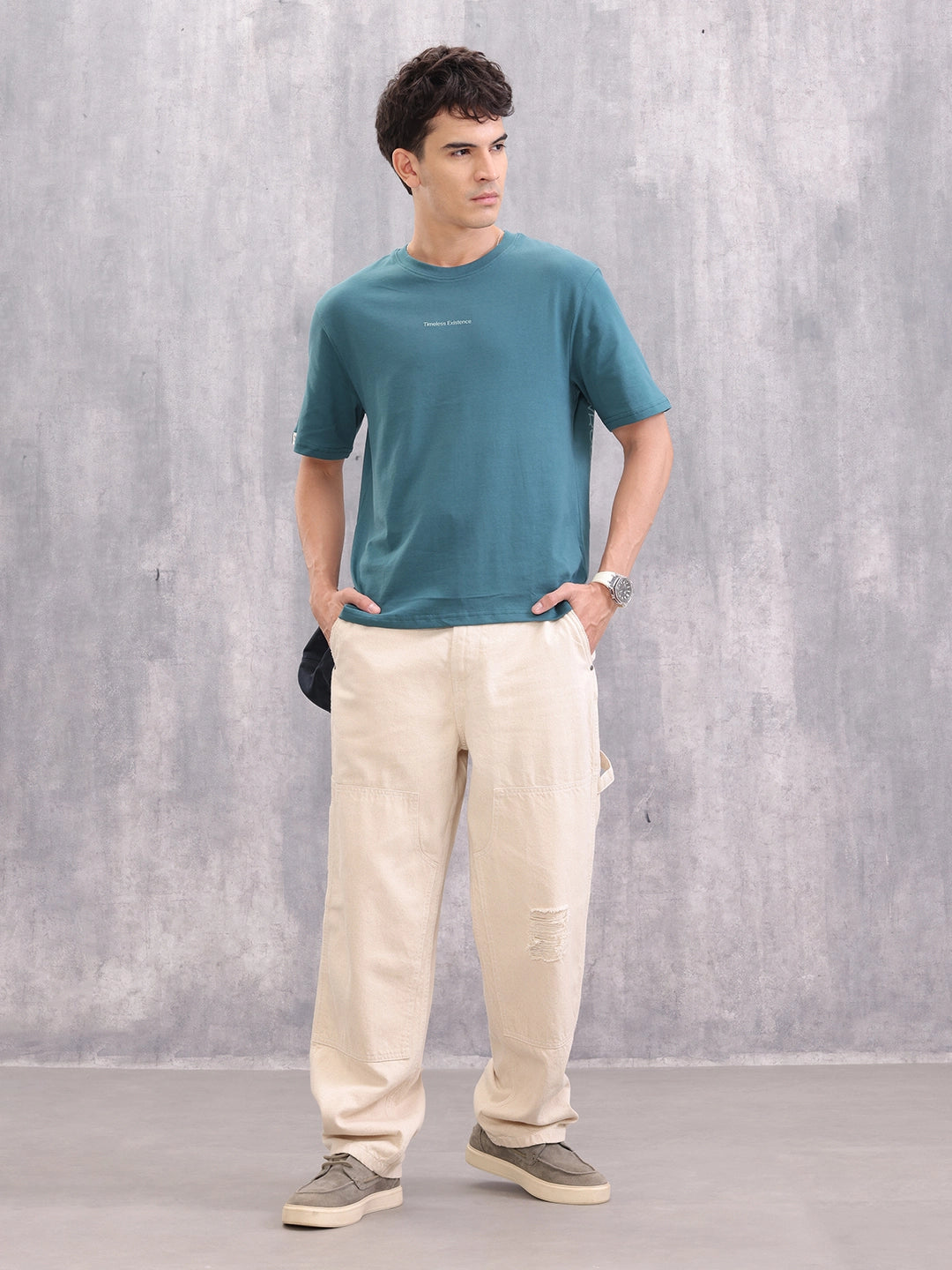 Typo Print Comfort Fit T-Shirt With High-Low Hem | Teal