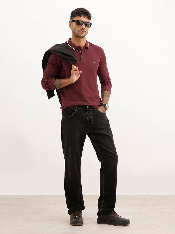 Slim Fit Full Sleeve Tipping Collar Polo T-Shirt | Maroon
