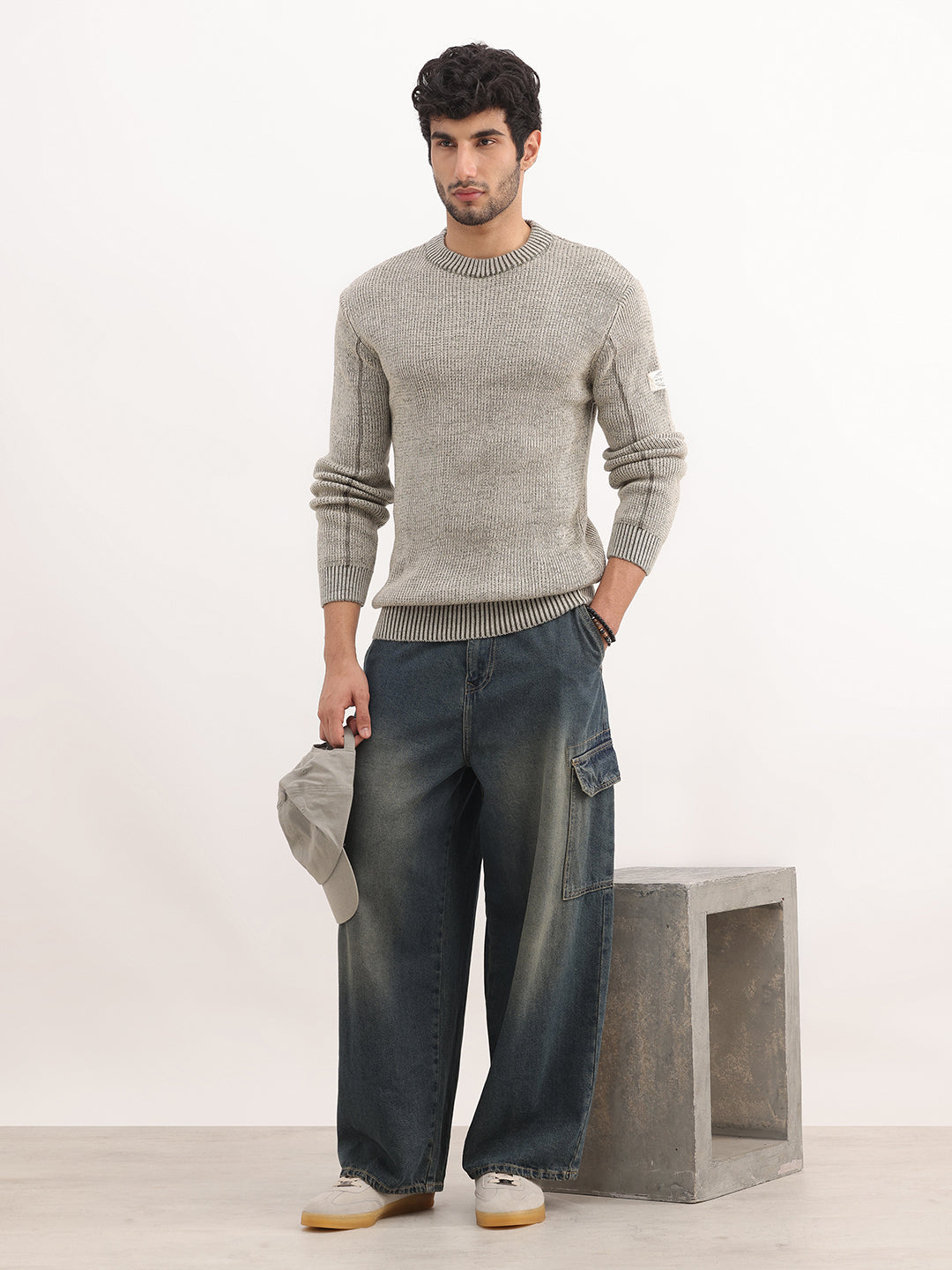 Solid Regular Fit Knitted Sweater | Beige