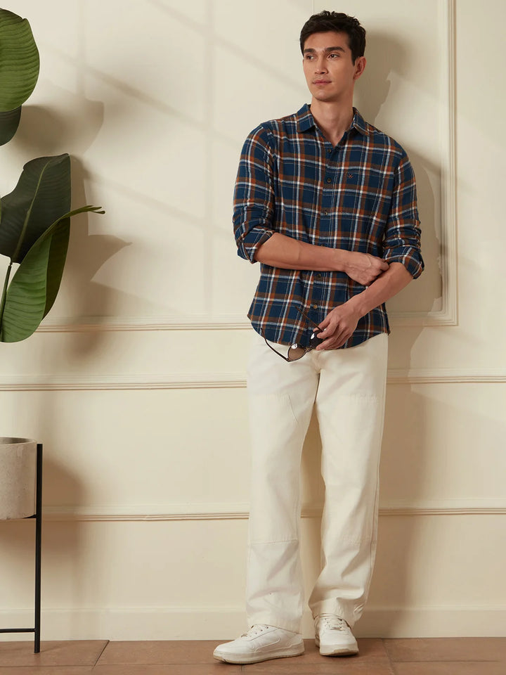 Brushed Flannel Check Shirt | Navy Blue