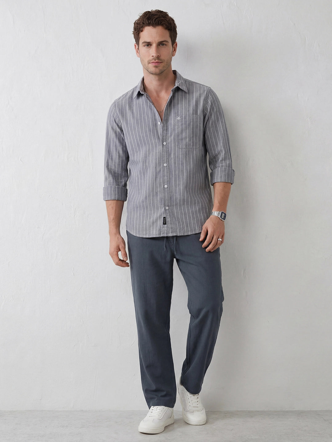Striped Slim Fit Full Sleeves Shirt | Grey