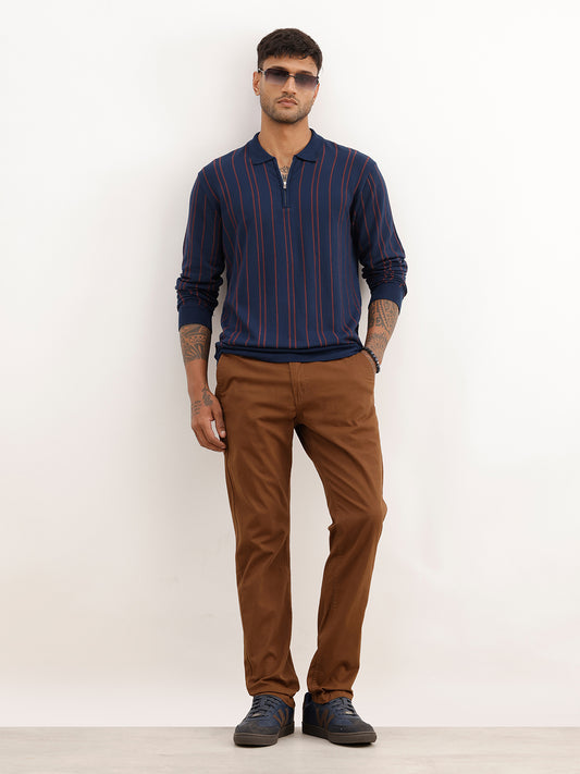 Slim Fit Flatknit Full Sleeve Polo T-Shirt | Navy Blue