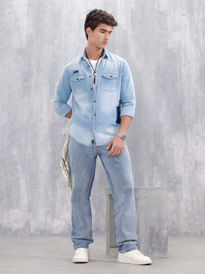Men's Casual Mid Wash Denim Shirt | Med Stone
