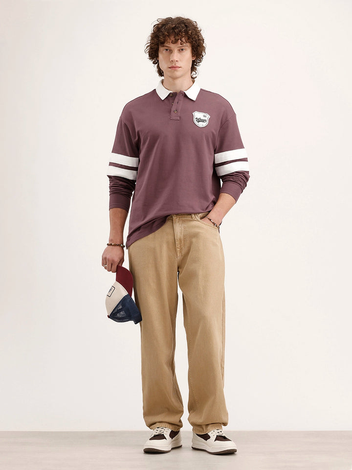 Oversized Patch Detailed Long Sleeve Polo T-Shirt | Purple