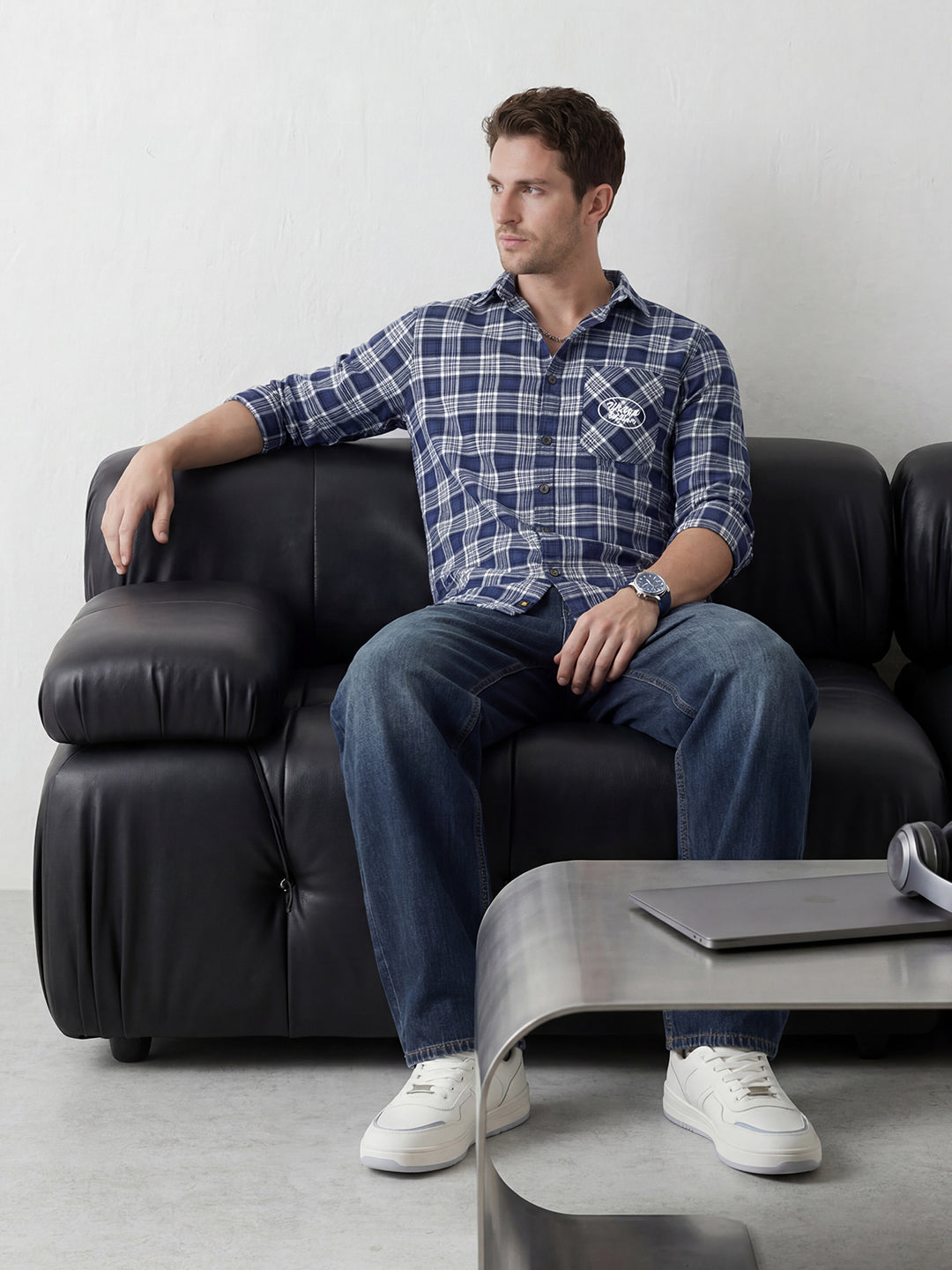 Refined Checks Slim fit Signature Embroidery shirt | Navy Blue