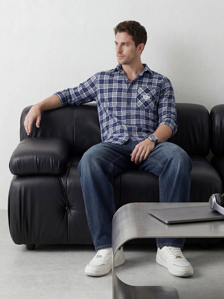 Refined Checks Slim fit Signature Embroidery shirt | Navy Blue