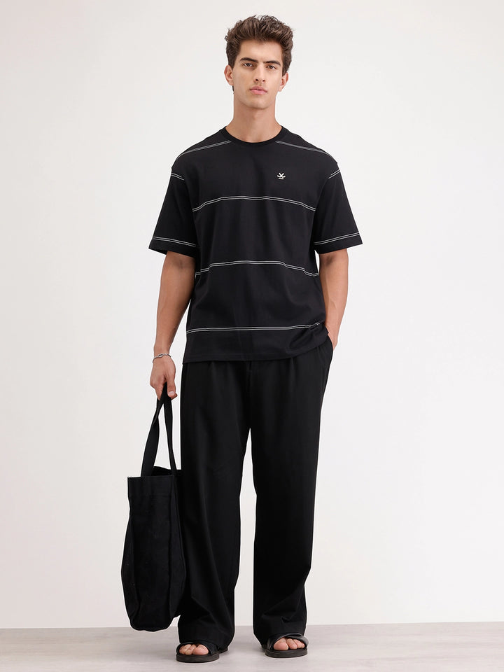 Oversized Printed Striped T-Shirt | Black