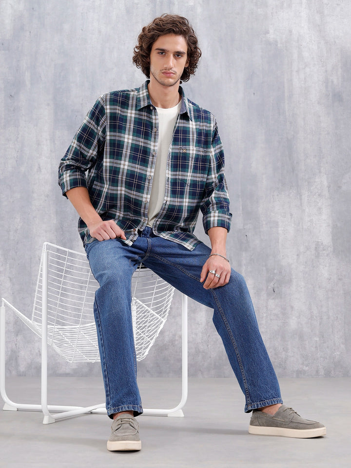Slim Fit Cotton Indigo Twill Check Shirt | Green