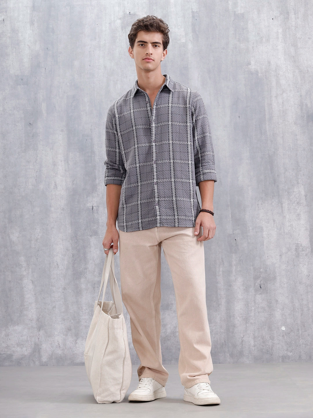 Textured Checkered Pattern Regualr Fit Shirt | Grey