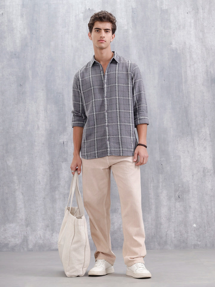 Textured Checkered Pattern Regualr Fit Shirt | Grey