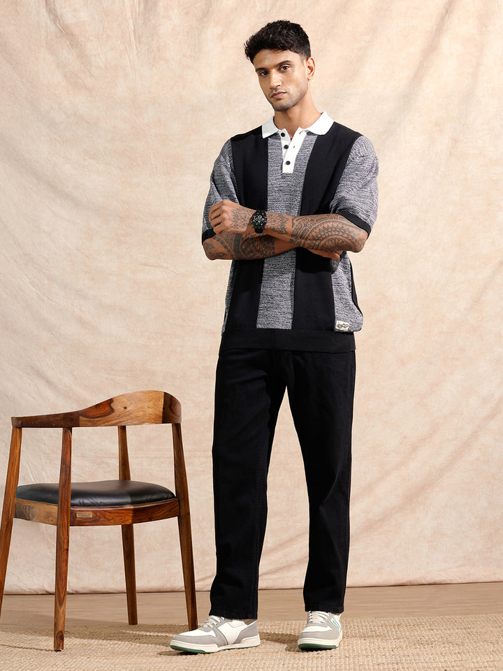 Textured Flat Knit Polo T-Shirt | Black & Grey