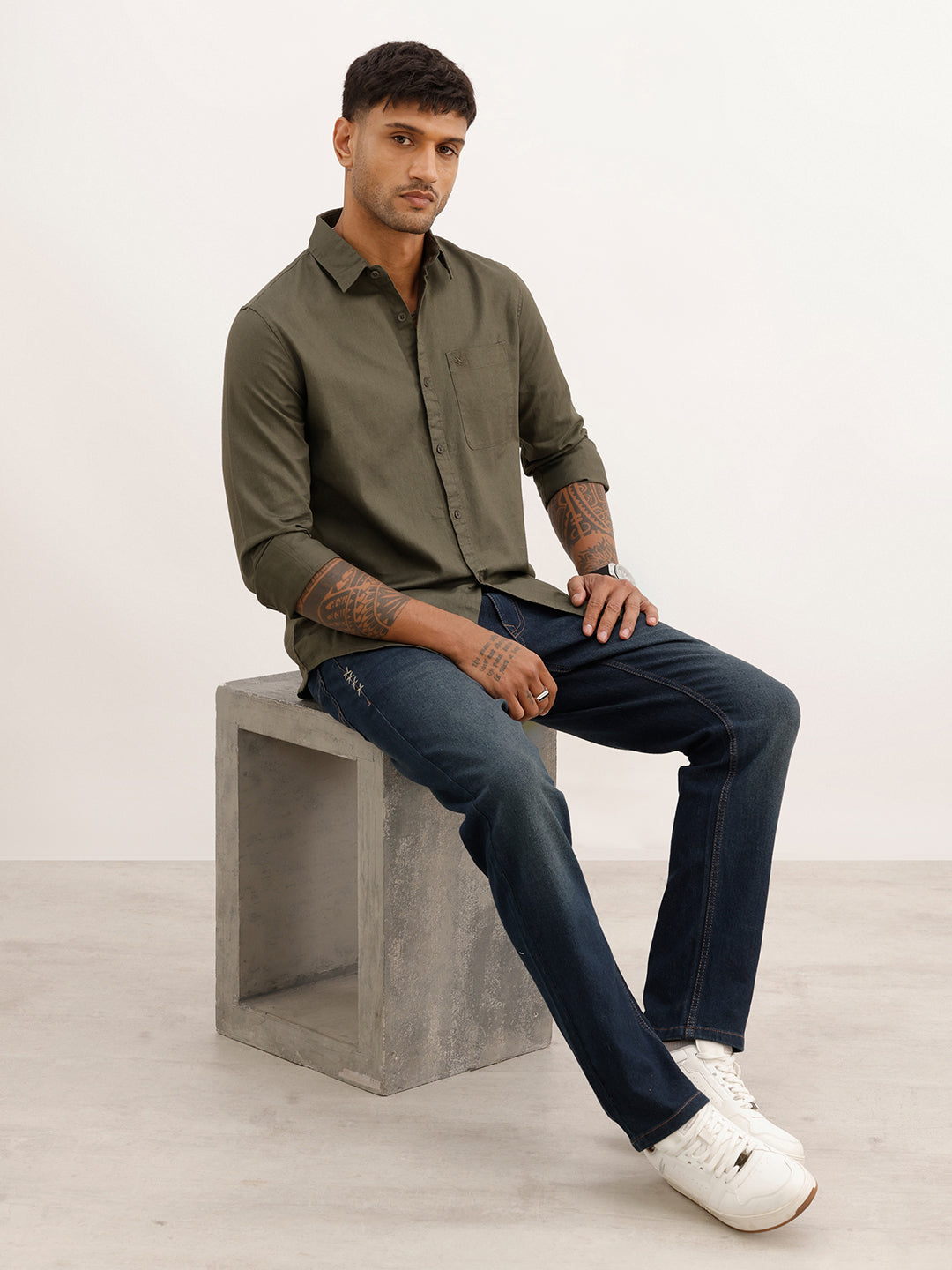 Solid Relaxed Fit Full Sleeve Shirt | Olive