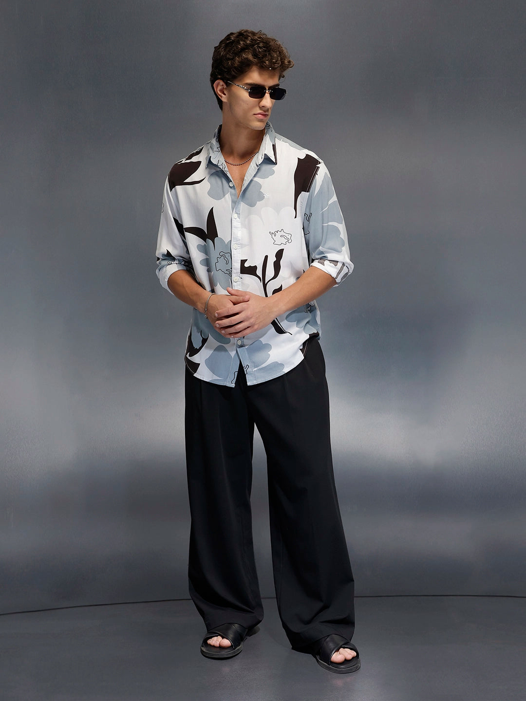 Men's Casual Comfort Fit Floral Printed Shirt  |  Grey