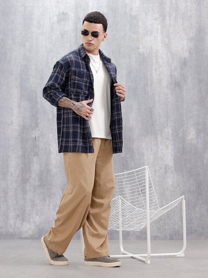 Wrogn Men's Oversized Double Pocket Textured Checks Shirt  | Navy Blue