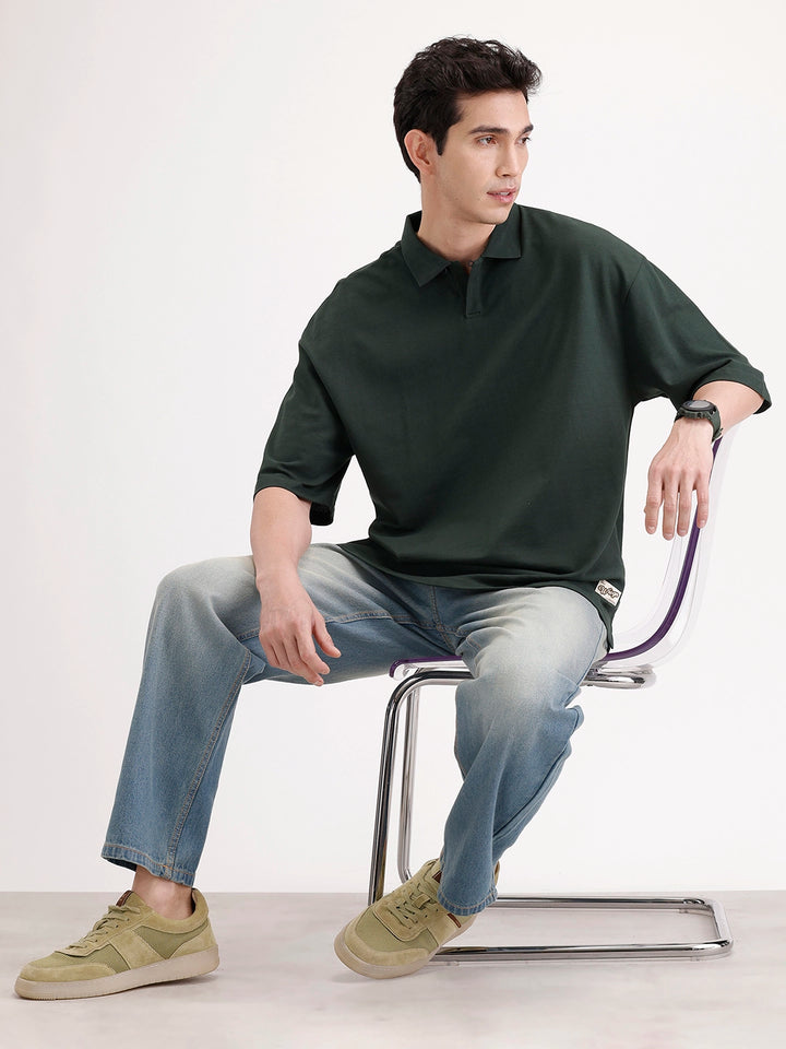 Solid Oversized Polo T-Shirt | Dark Green