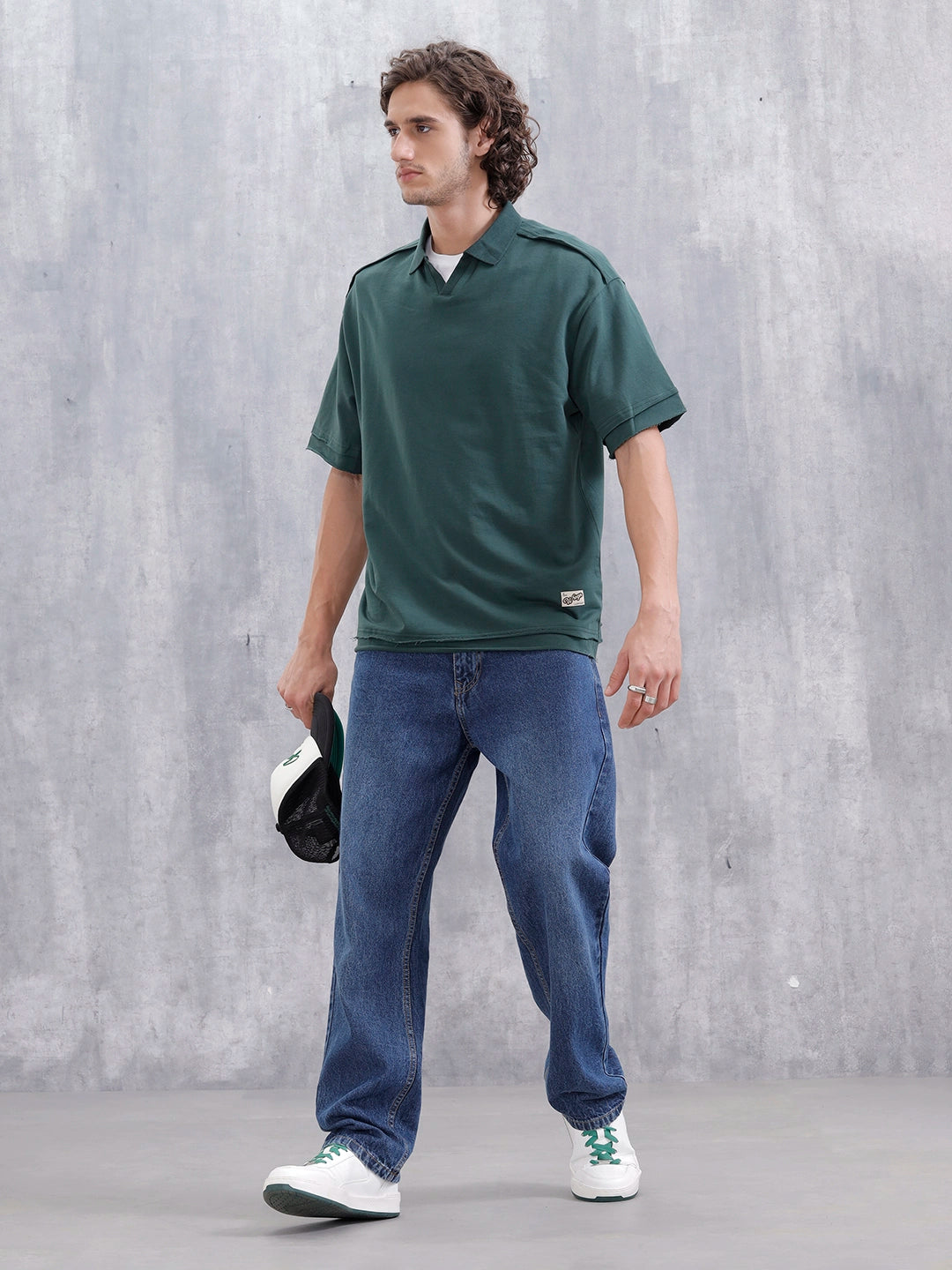 Men Oversized Fit Casual Johnny Collar T-shirt | Dark Green