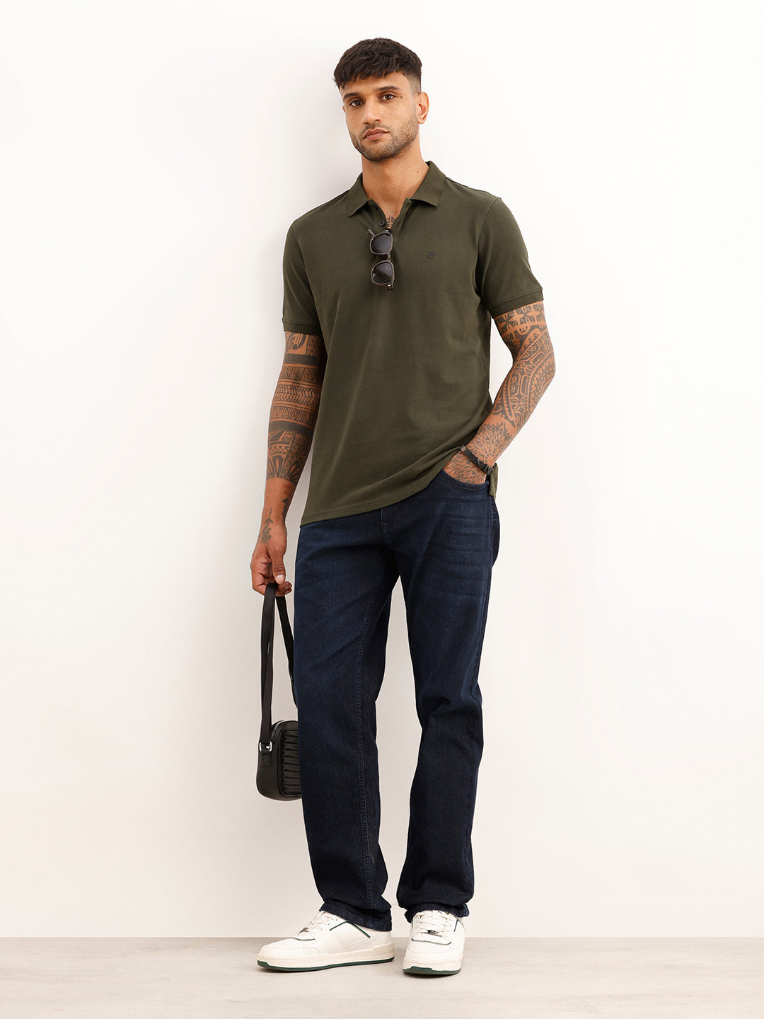 Solid Regular Fit Full Sleeve Polo T-Shirt | Olive