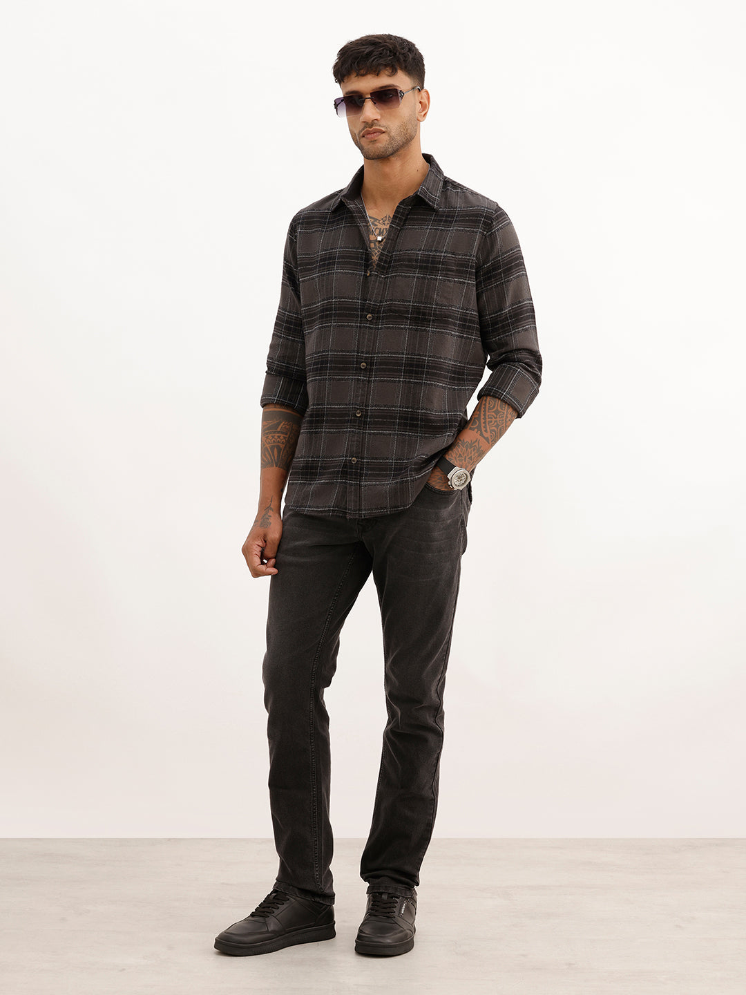 Slim Fit Full Sleeve Checkered Shirt | Dark Grey