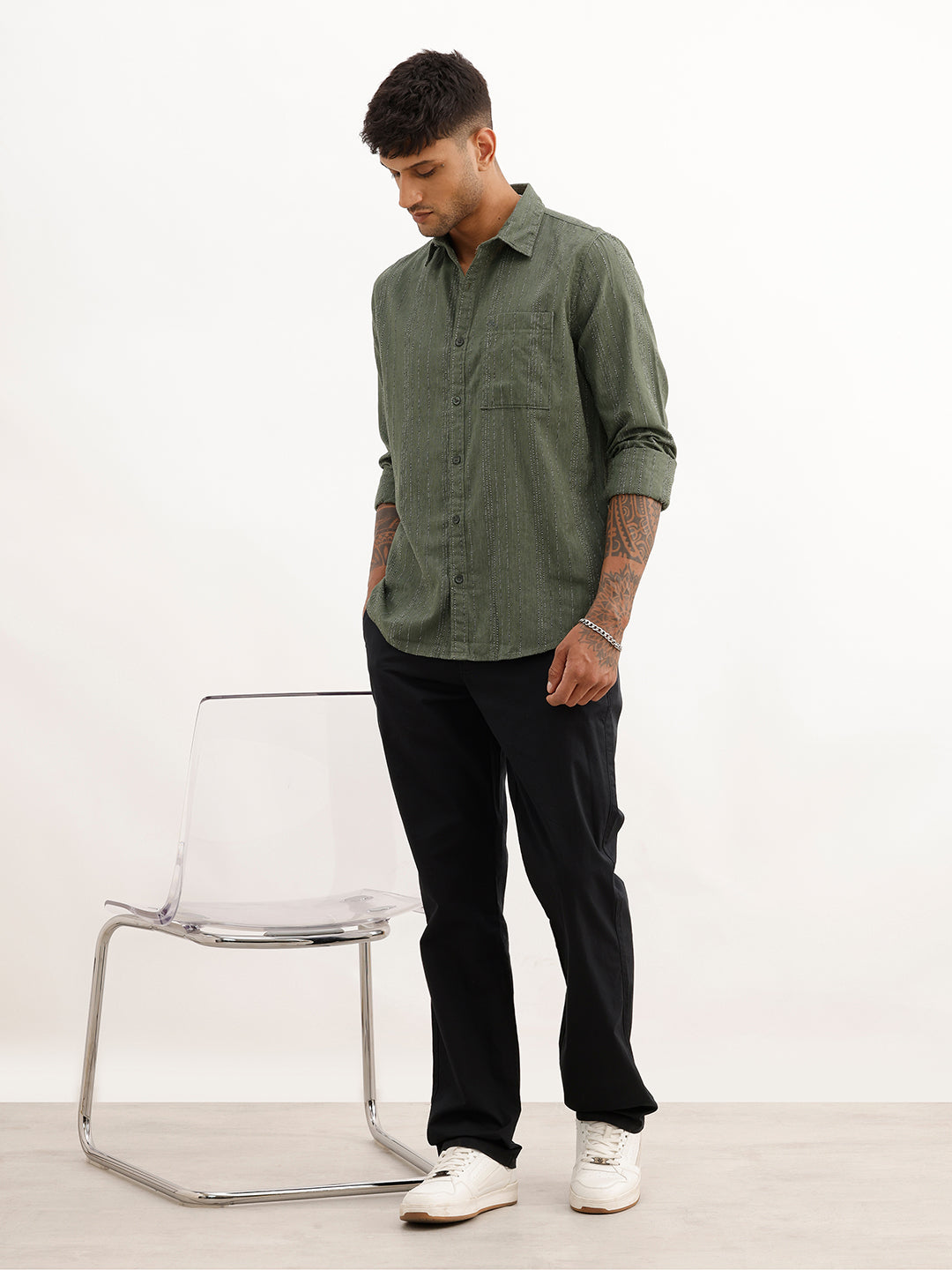 Slim Fit Textured Striped Full Sleeve Shirt | Dark Green