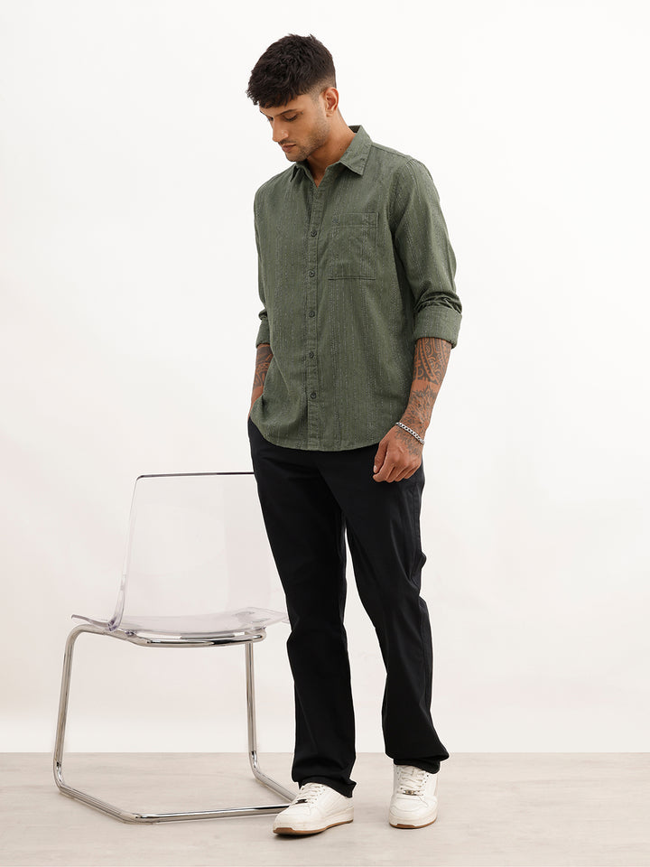 Slim Fit Textured Striped Full Sleeve Shirt | Dark Green