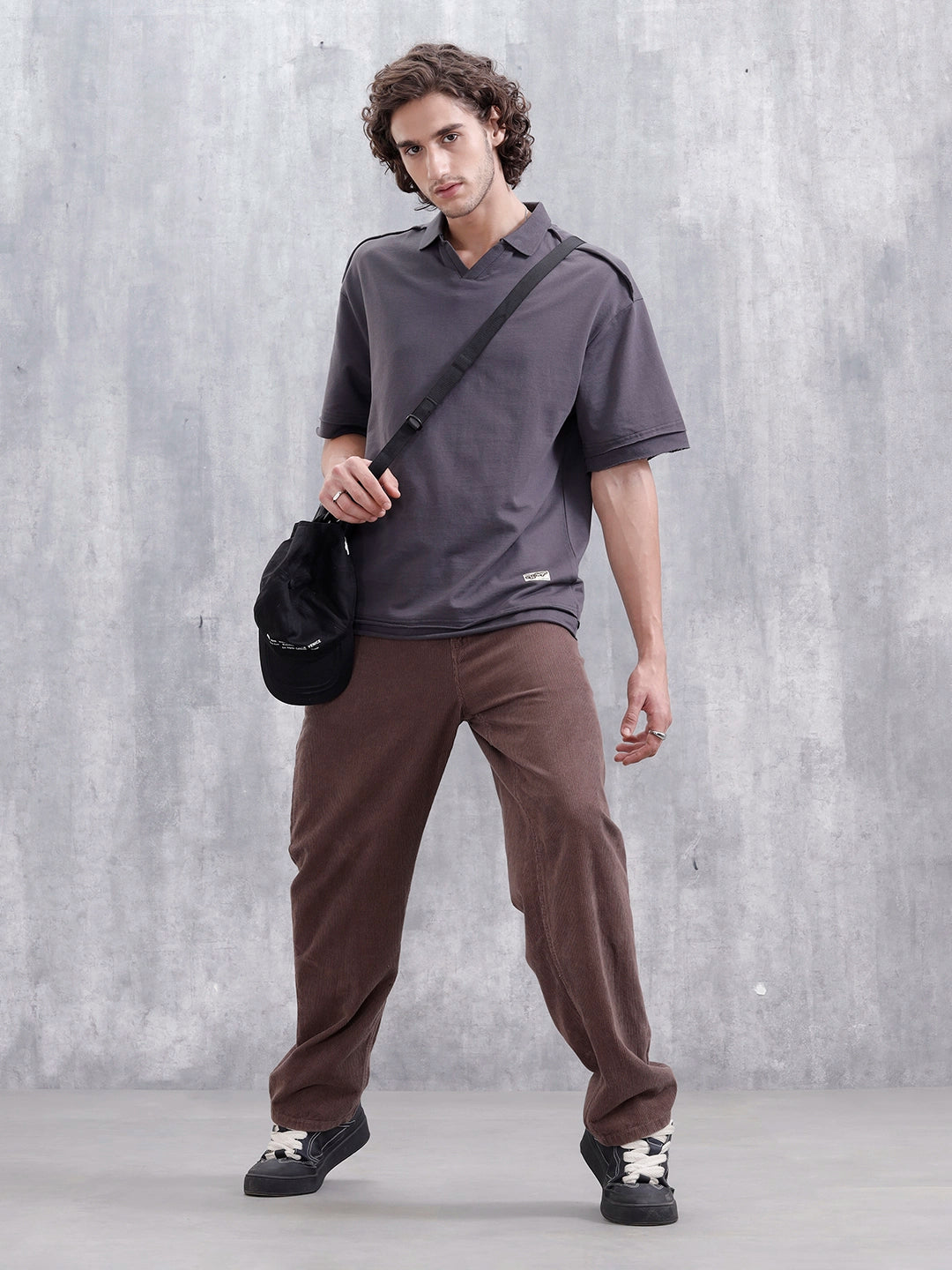 Men Oversized Fit Casual Johnny Collar T-shirt | Dark Grey
