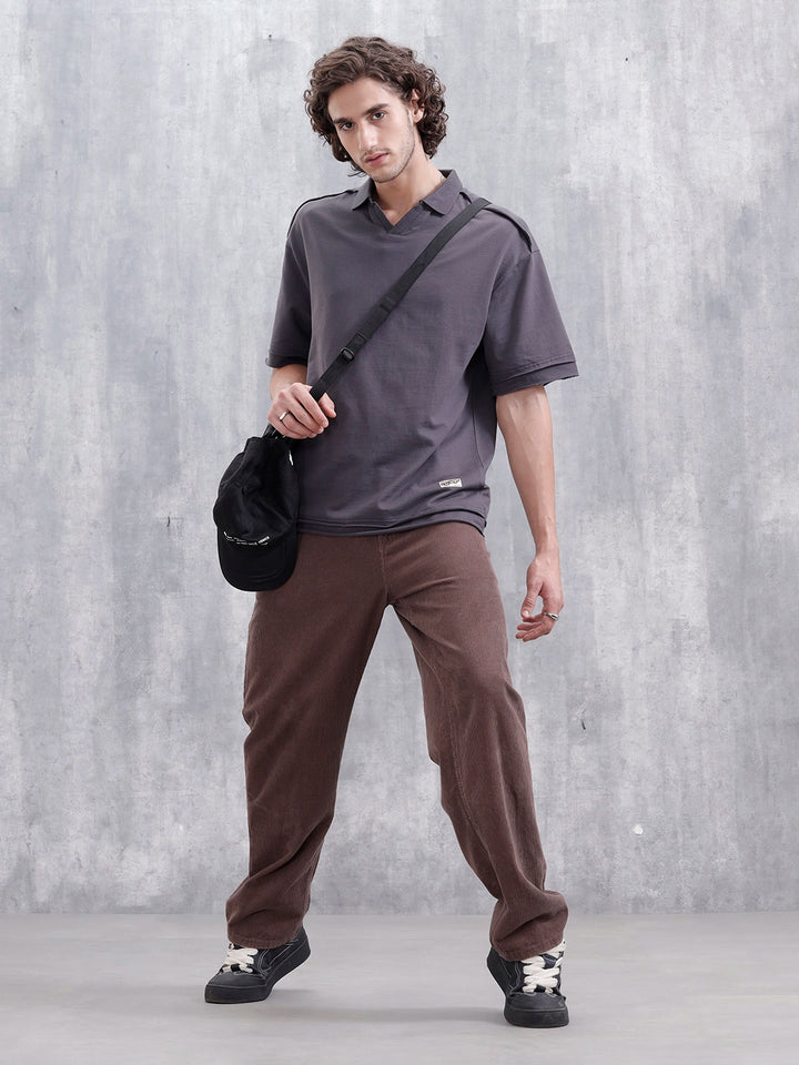 Men Oversized Fit Casual Johnny Collar T-shirt | Dark Grey