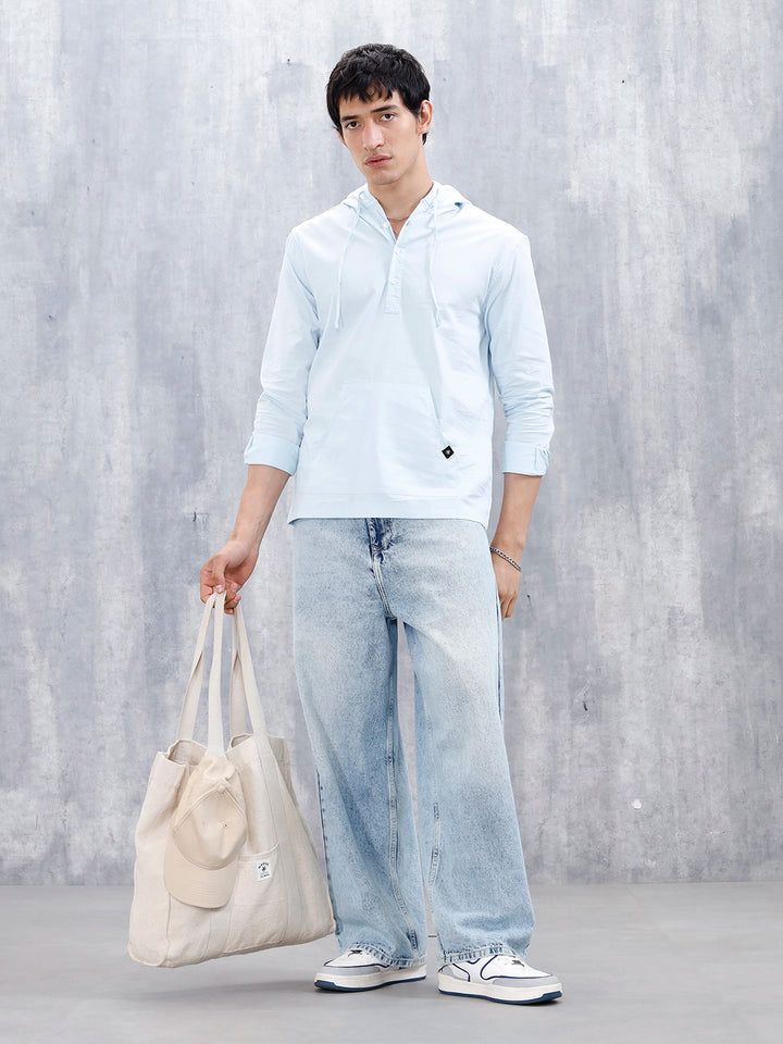 Wrogn Men's Casual Hooded Henley Shirt | Light Blue