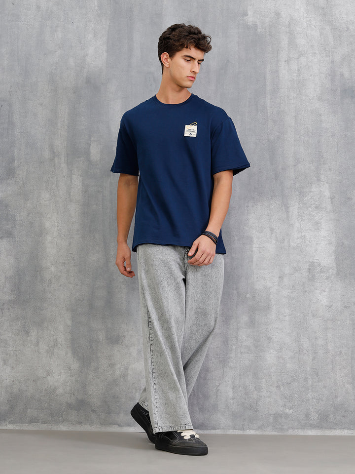 Solid Oversized T-Shirt With Printed Canvas Patch And Raw Edge Detail  | Navy Blue