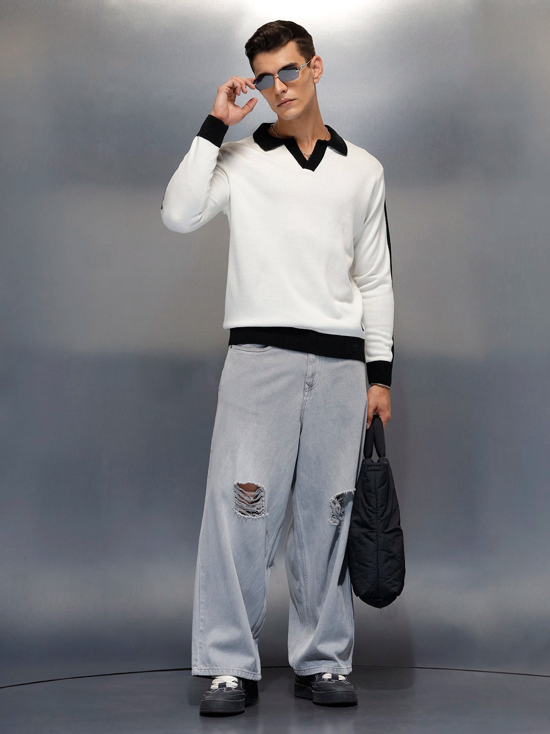 Textured Knit Sweater with Contrast Trim | White