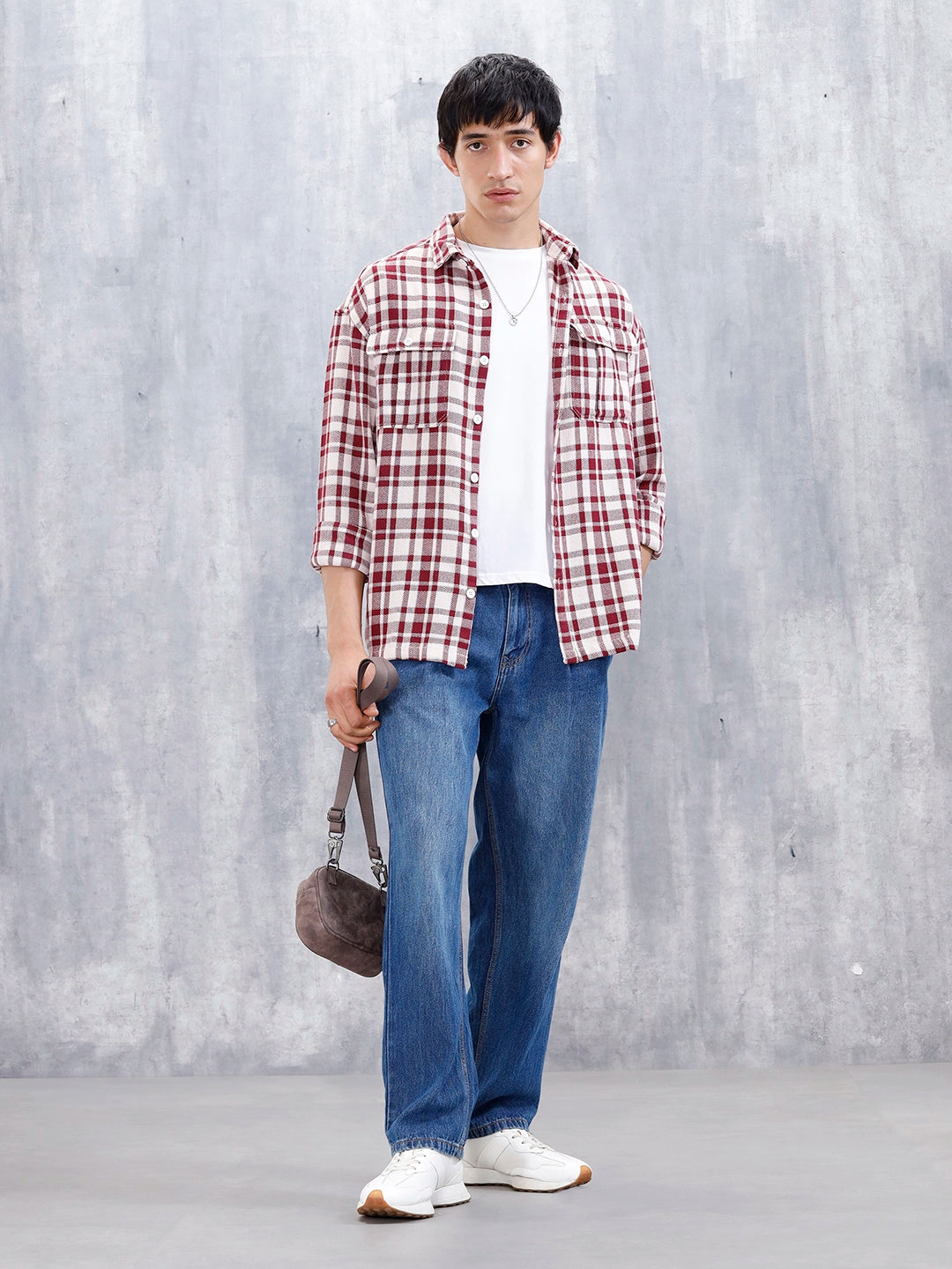 Wrogn Men's Oversized Double Pocket Checks Shirt | Red