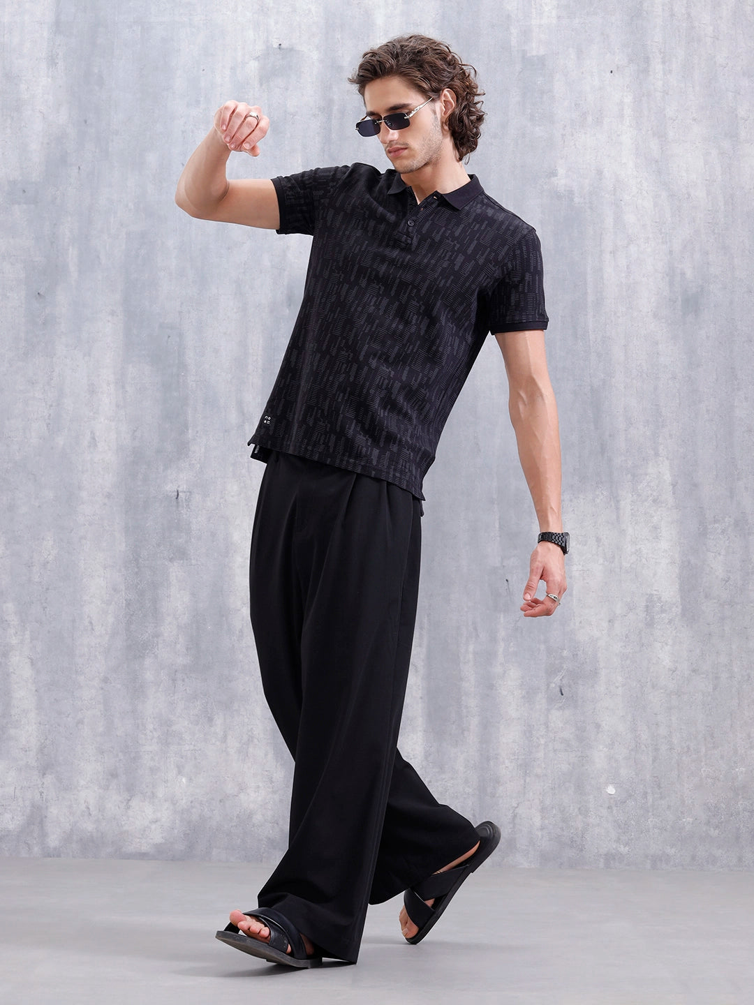 Aop Printed Slim Fit Polo Collar T-shirt | Black