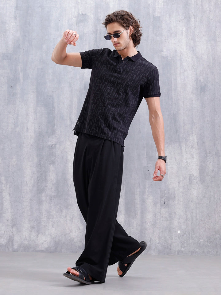 Aop Printed Slim Fit Polo Collar T-shirt | Black