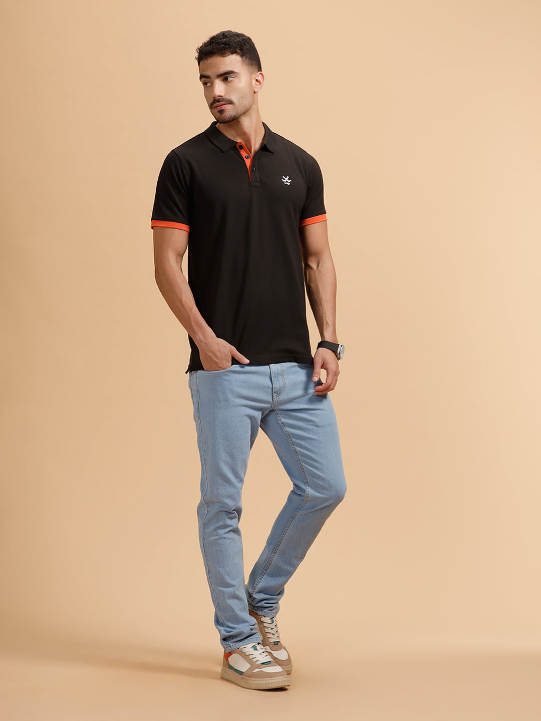 Contrast Details Slim Fit Polo T-Shirt |Black