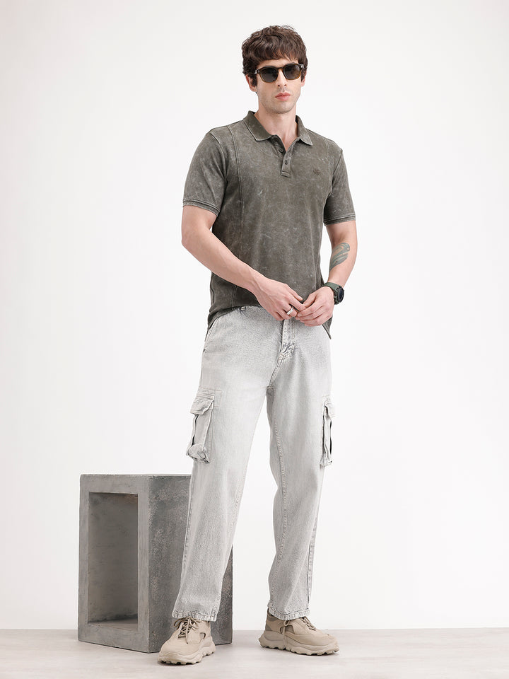 Slim Fit Washed Cut & Sew Polo T-Shirt | Olive