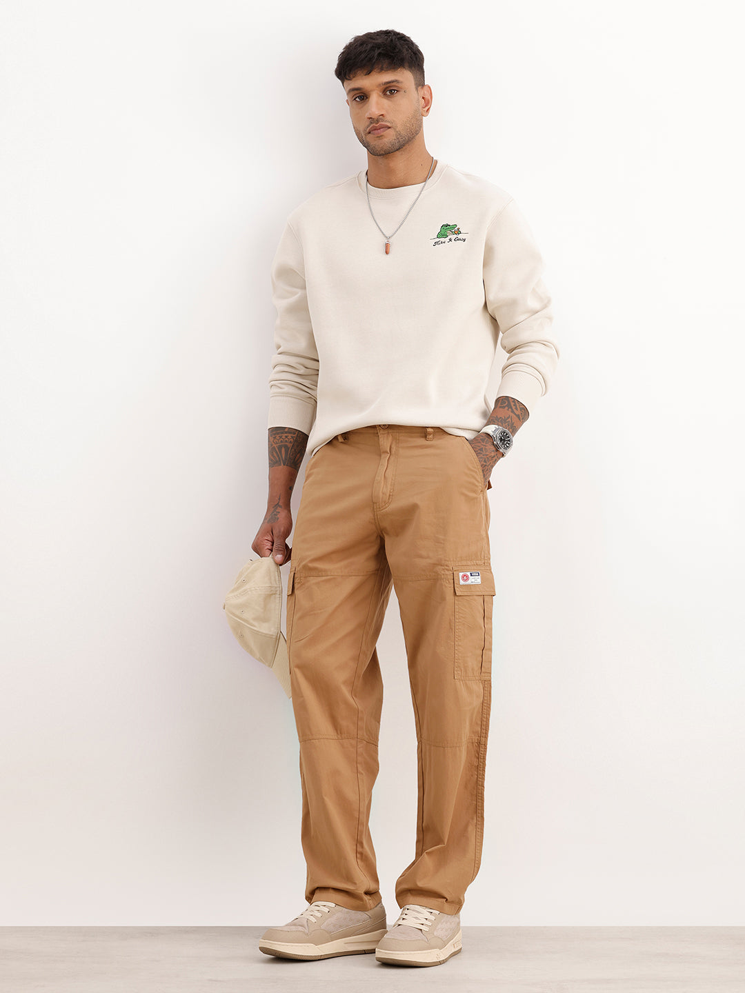 Solid Relaxed Fit Cargo Trousers | Brown