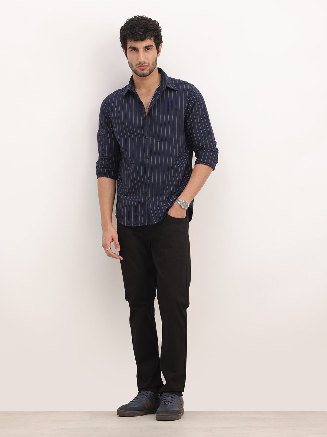Slim Fit Striped Full Sleeve Shirt | Black