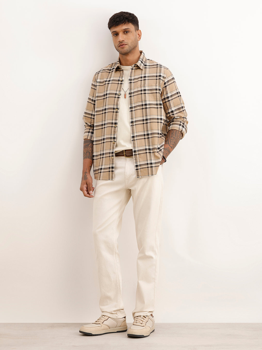 Regular Fit Full Sleeve Checkered Shirt | Beige