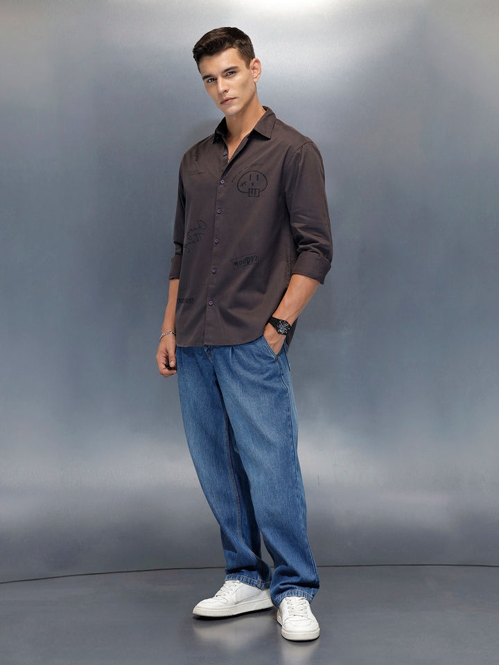 Men's Casual Regualr Fit Shirt With Placement Print | Dark Grey