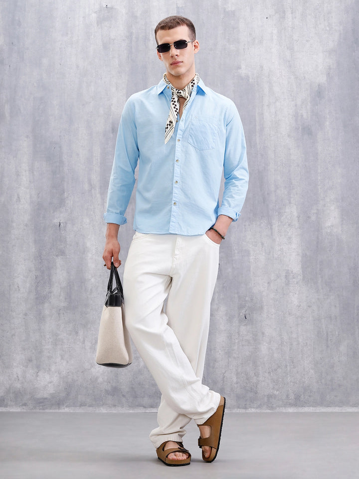 Solid Cotton Slub Shirt | Blue
