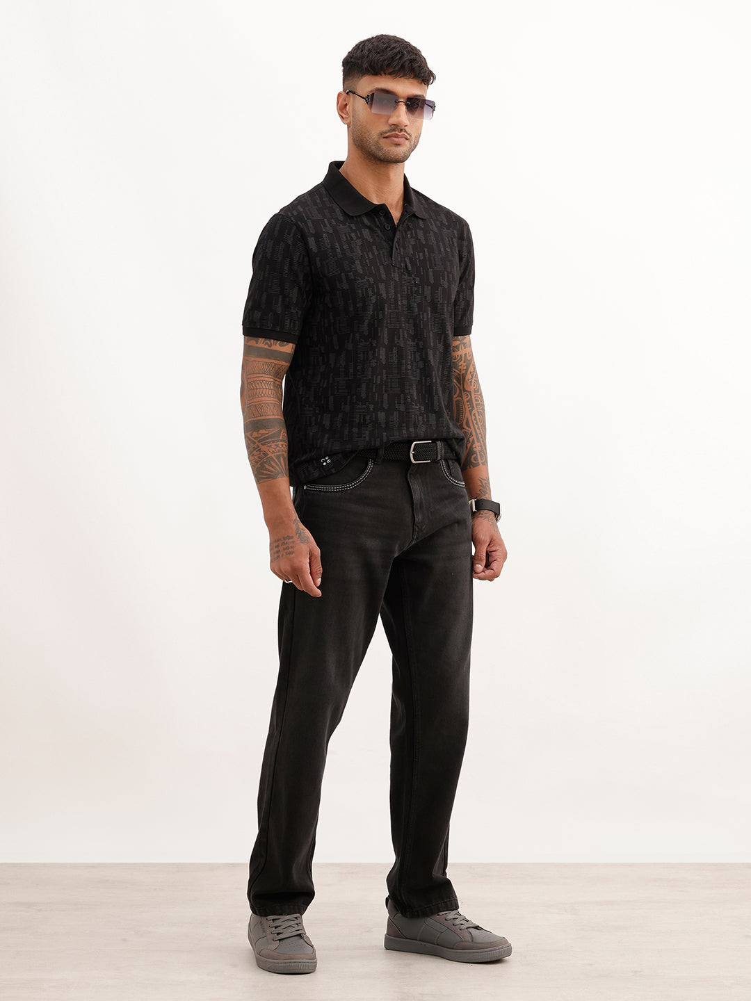 Slim Fit AOP Polo T-Shirt | Black
