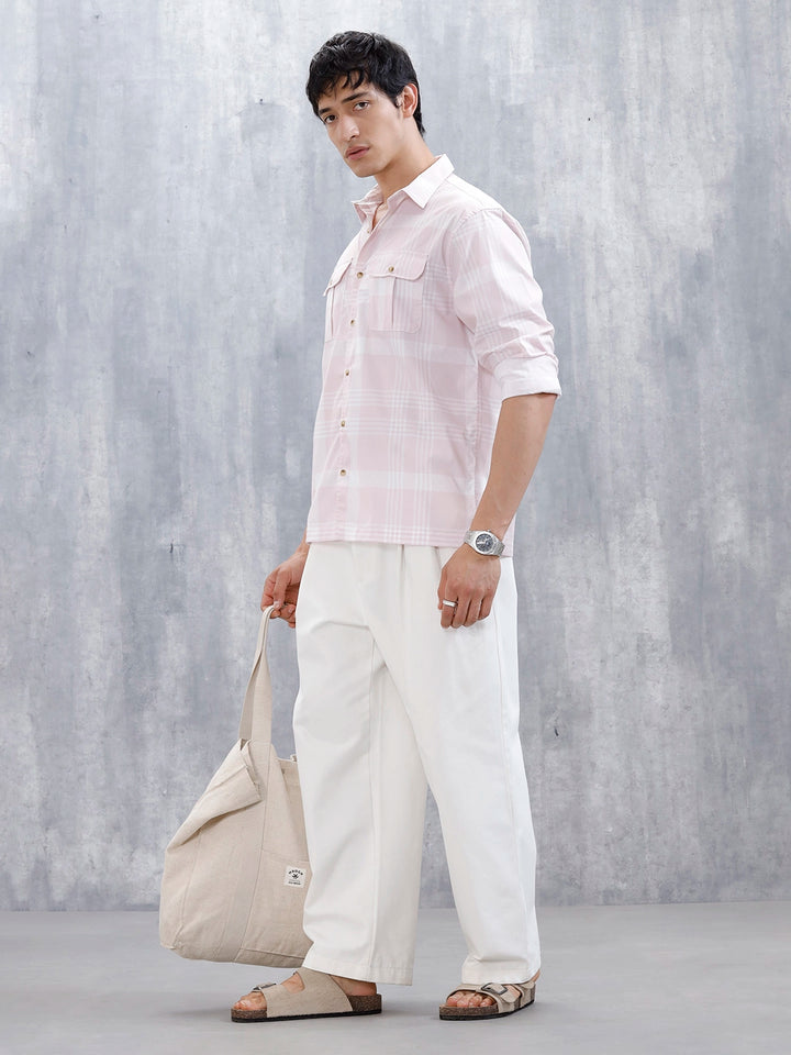 Men's Casual Double Pocket Checkered Shirt  | Pink