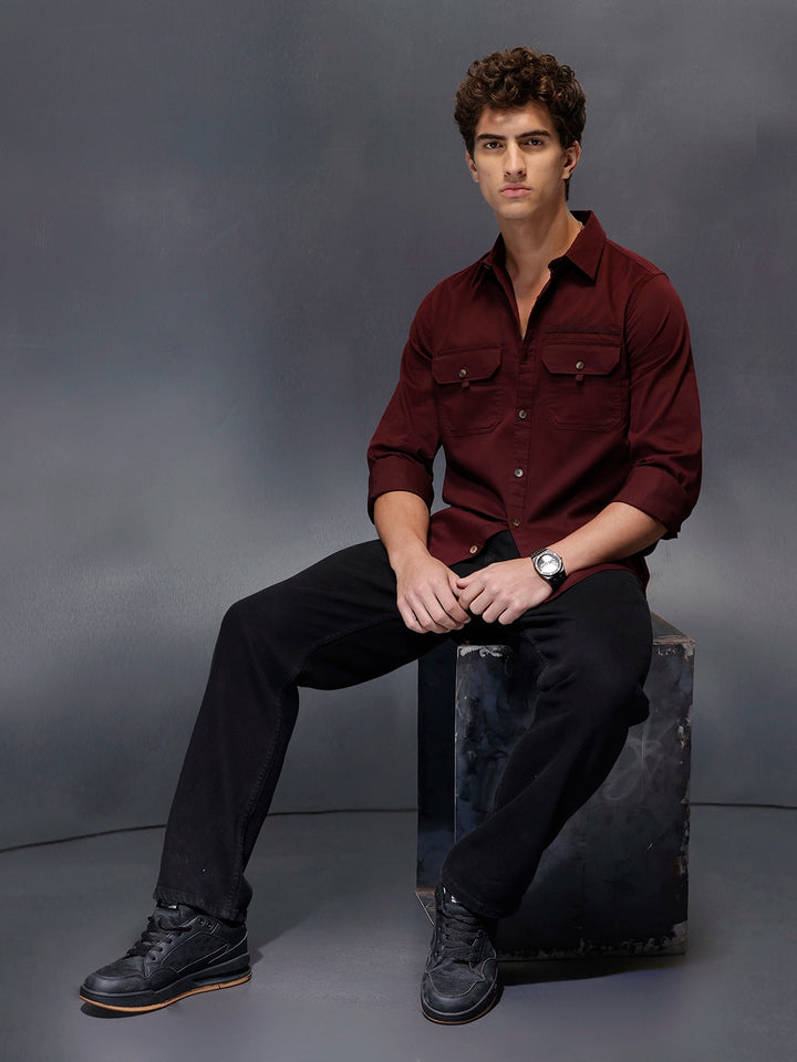 Men's Slim Fit Casual Shirt with Double Pocket  |  Wine