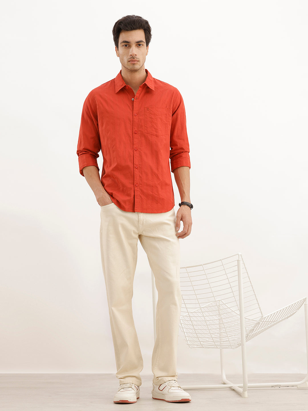 Solid Textured Full Sleeve Shirt | Red