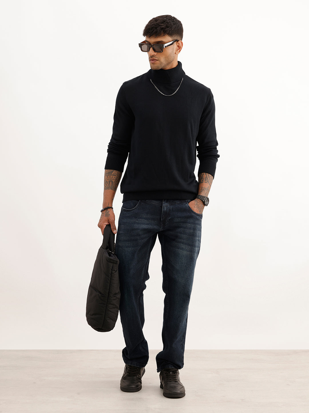 Solid Regular Fit Turtle Neck Sweater | Black