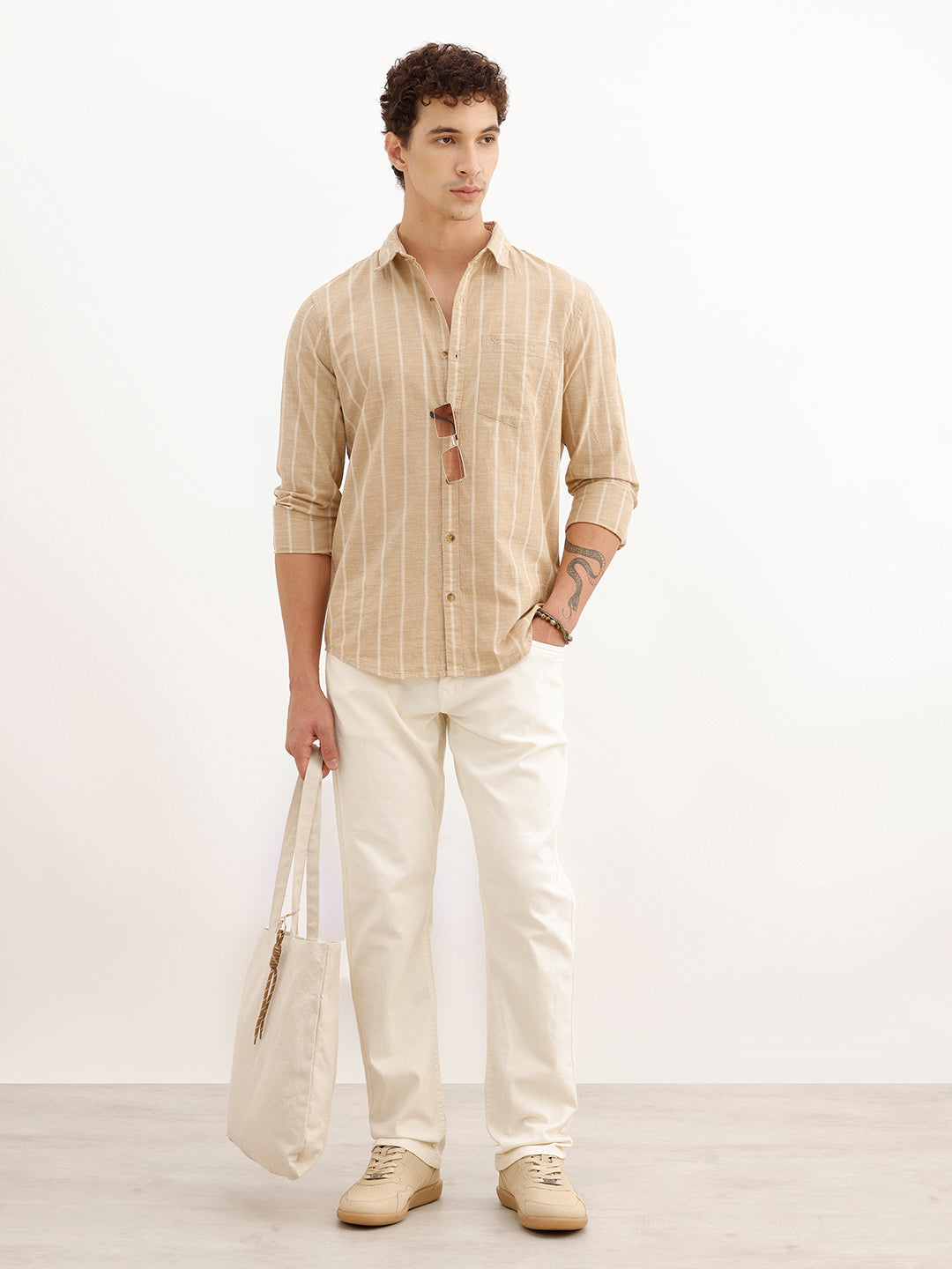 Regular Fit Full Sleeve Striped Shirt | Khaki