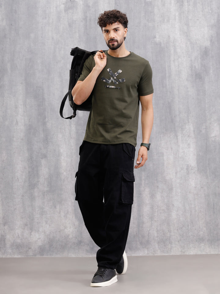 Premium Interlock Base With Dark Floral Logo Brand Carrier Crew Neck T-Shirt | Olive
