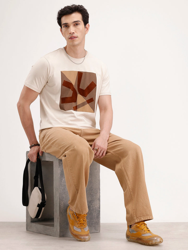 Slim Fit Flock Printed T-Shirt | Beige