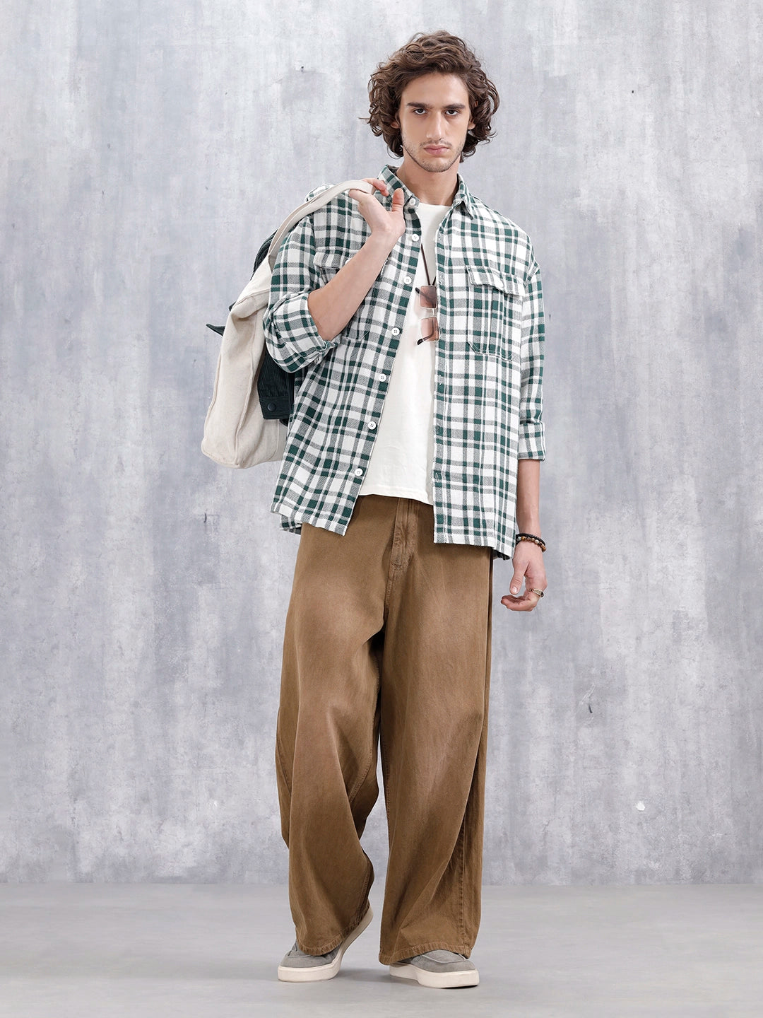 Checkered Pattern Double Pocket Oversized Fit Shirt | Green